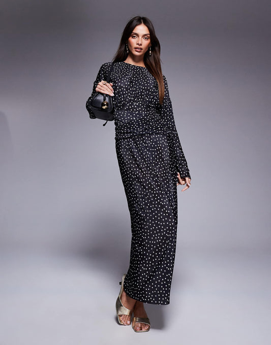 Plisse High Neck Long Sleeve Wrap Waist Maxi Dress