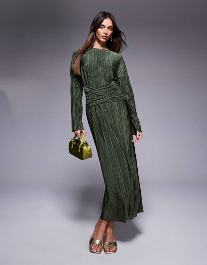 Plisse High Neck Long Sleeve Wrap Waist Maxi Dress