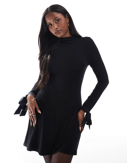 Satin Bow Detail High Neck Flare Dress