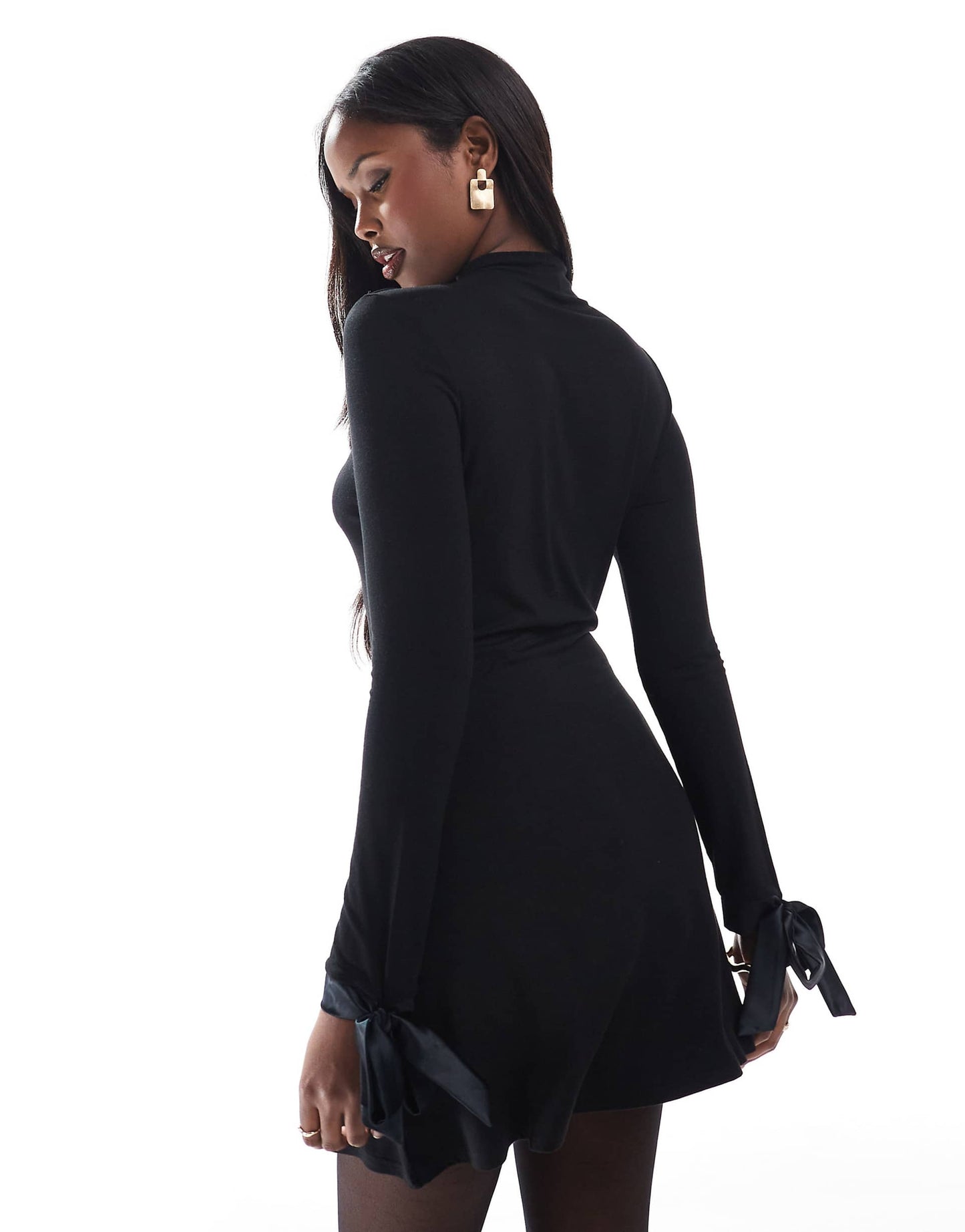Satin Bow Detail High Neck Flare Dress