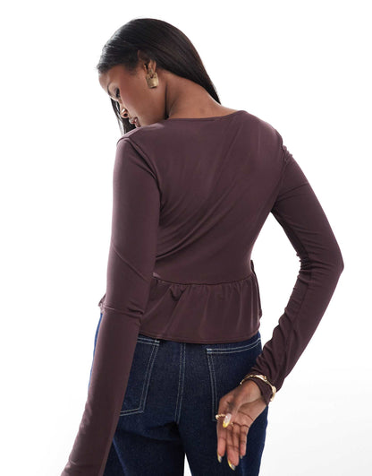 Square Neck Long Sleeve Ruffle Top