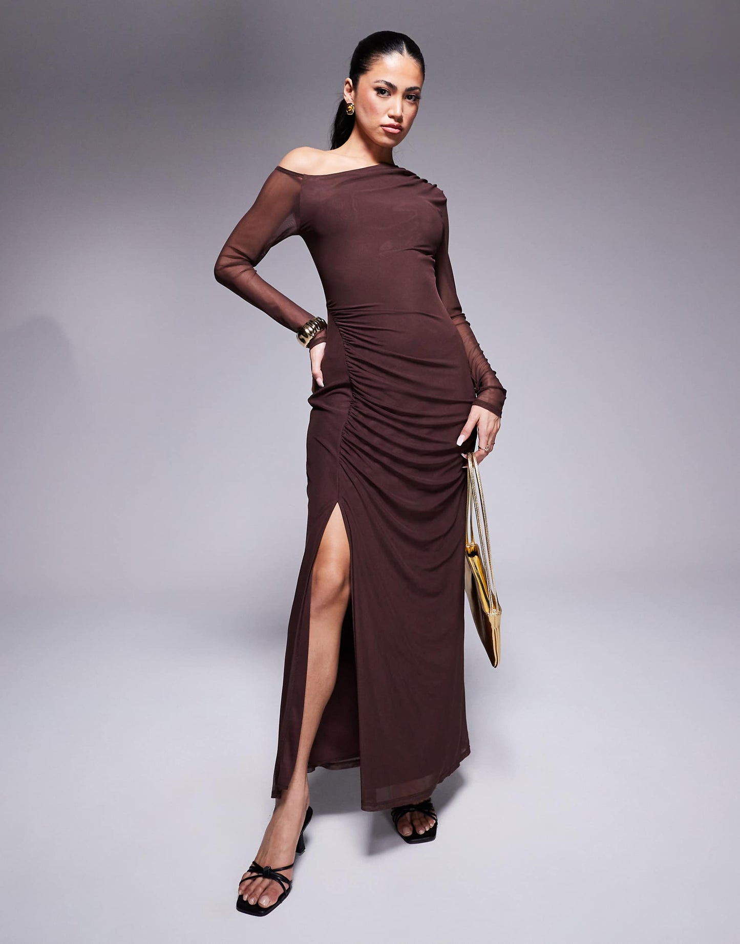 Mesh Slash Neck Long Sleeve Ruched Midi Dress