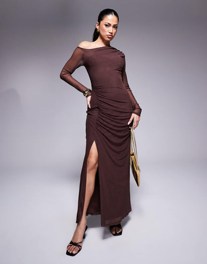 Mesh Slash Neck Long Sleeve Ruched Midi Dress