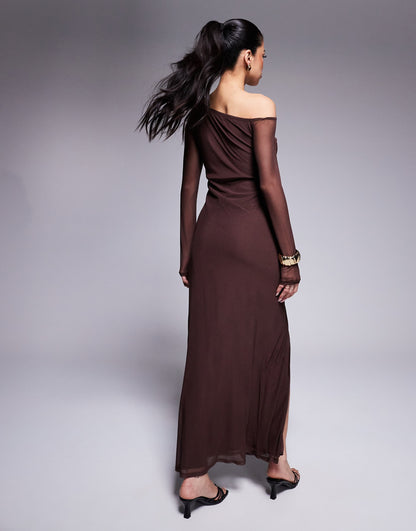 Mesh Slash Neck Long Sleeve Ruched Midi Dress