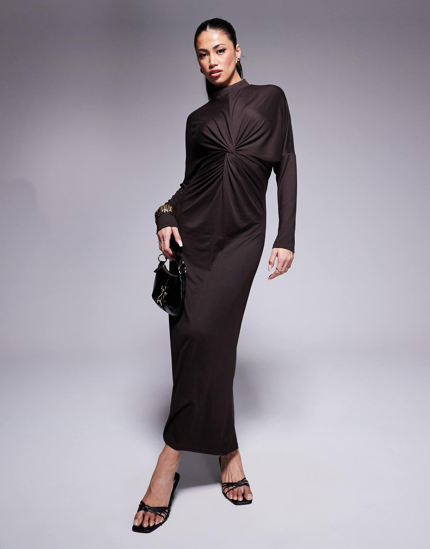 High Neck Long Sleeve Twist Front Maxi Dress