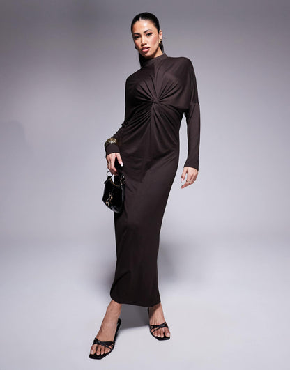 High Neck Long Sleeve Twist Front Maxi Dress
