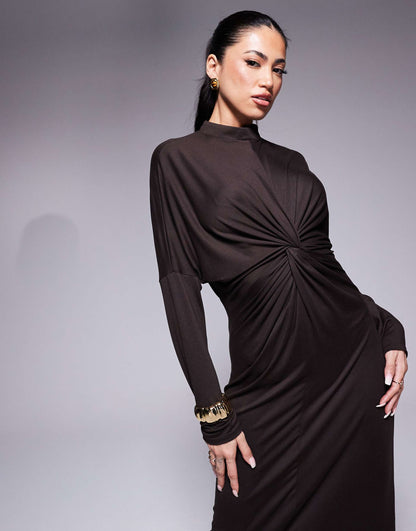 High Neck Long Sleeve Twist Front Maxi Dress