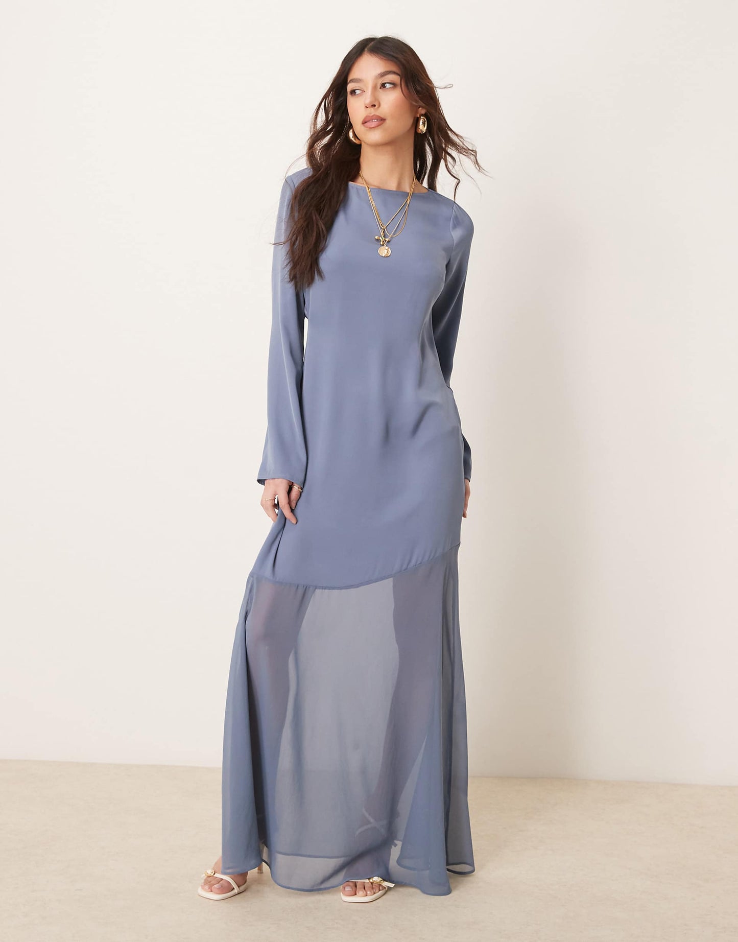 Long Sleeve Satin Chiffon Maxi Dress