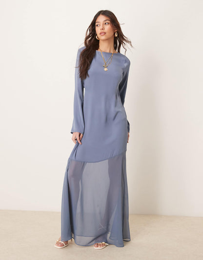 Long Sleeve Satin Chiffon Maxi Dress