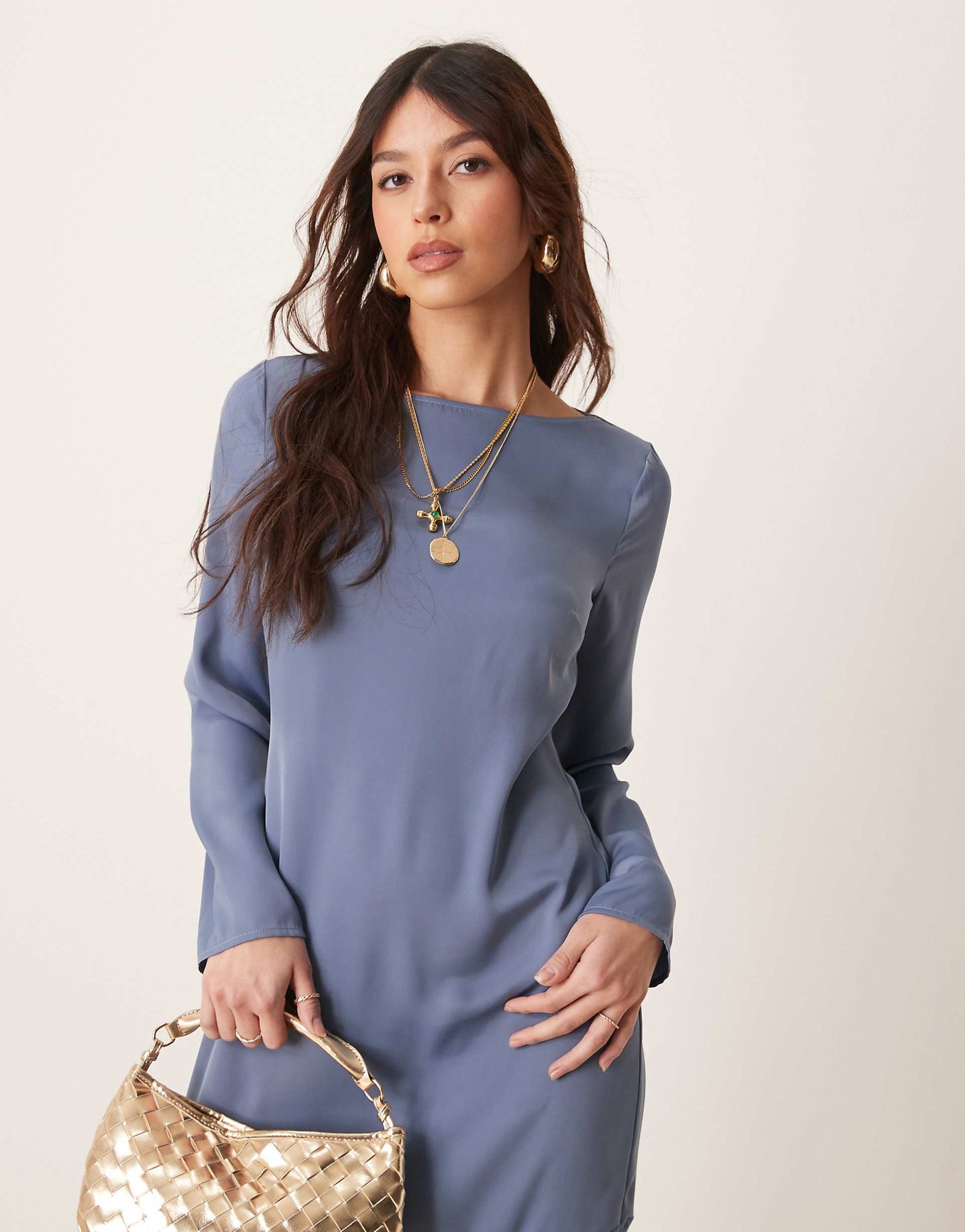 Long Sleeve Satin Chiffon Maxi Dress