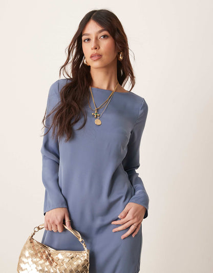 Long Sleeve Satin Chiffon Maxi Dress