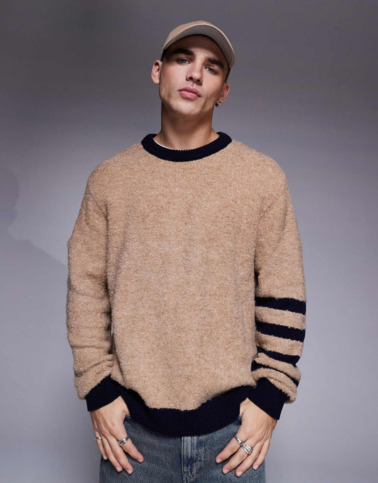 Relaxed Textured Knitted Crew Neck Jumper With Stripe Detail On Sleeves