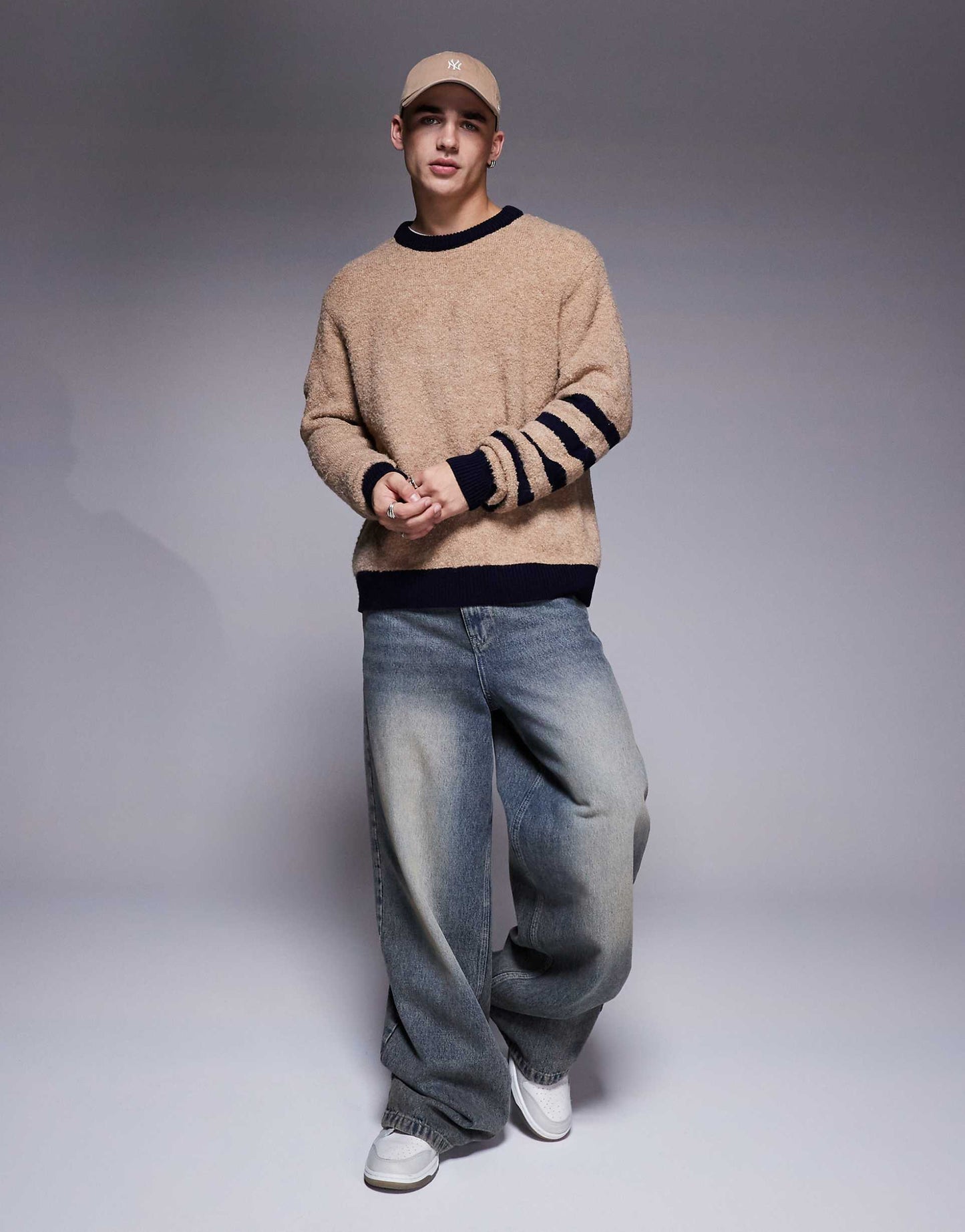 Relaxed Textured Knitted Crew Neck Jumper With Stripe Detail On Sleeves