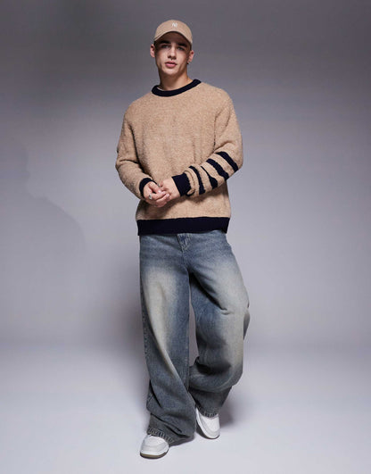 Relaxed Textured Knitted Crew Neck Jumper With Stripe Detail On Sleeves