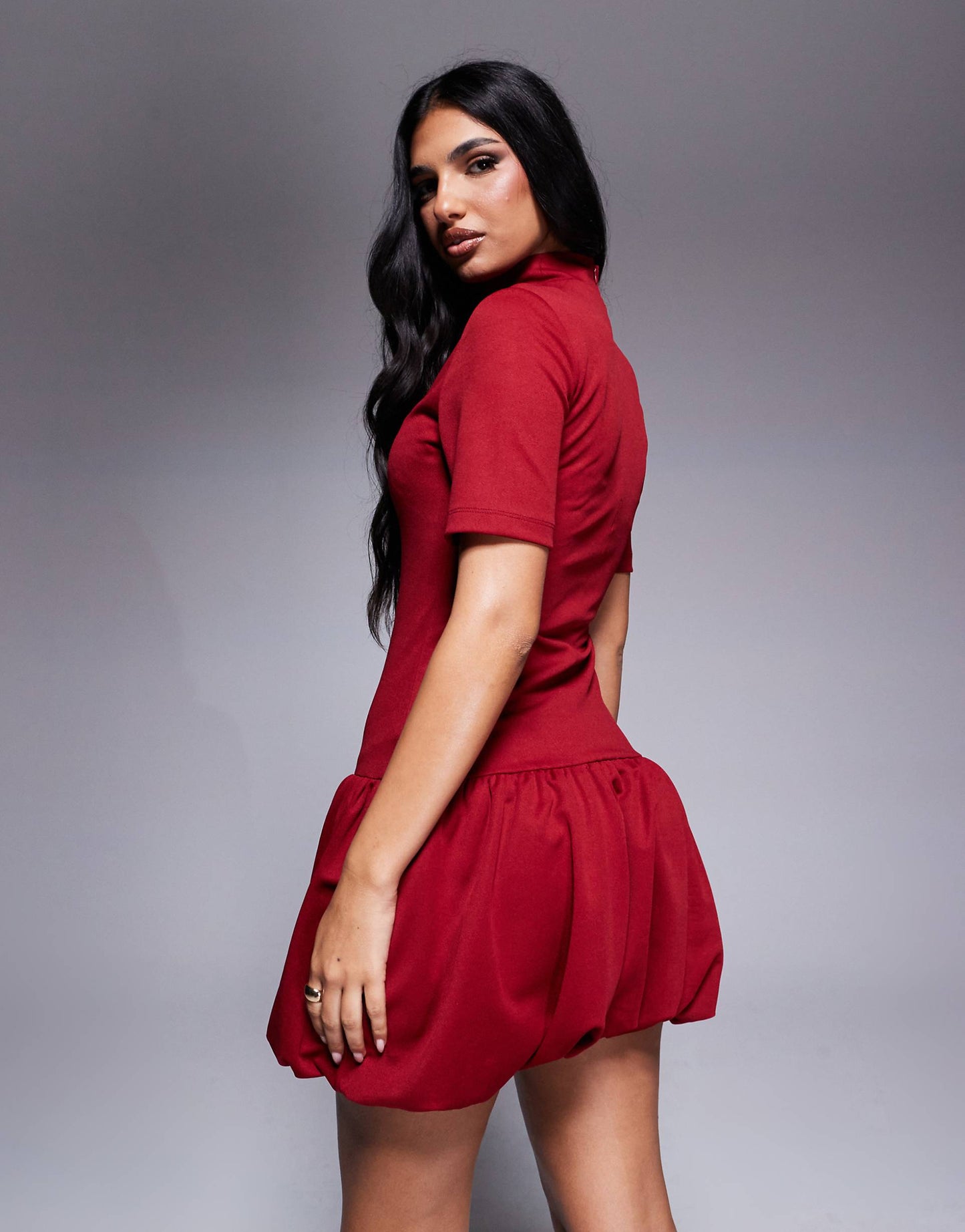 High Neck Short Sleeve Puffball Dress