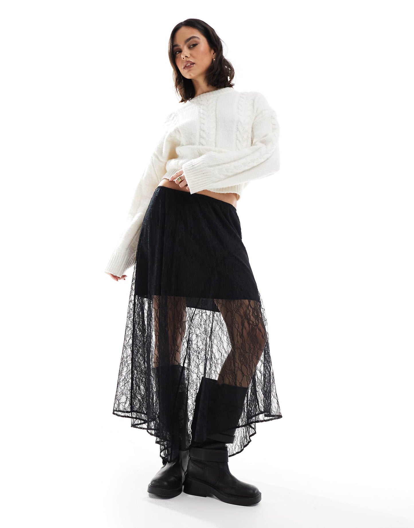 Asymmetric Lace Overlay Midi Skirt