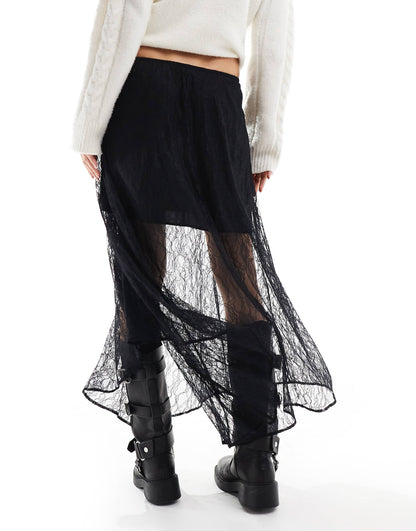 Asymmetric Lace Overlay Midi Skirt