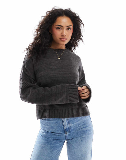 Crew Neck Jumper With Rib Sleeve Detail