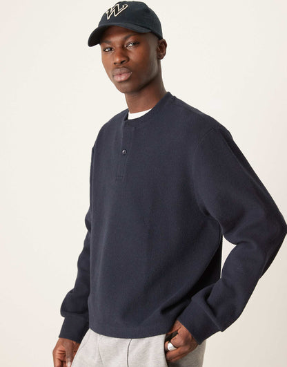 Oversized Boxy Waffle Sweatshirt With Henley Neck
