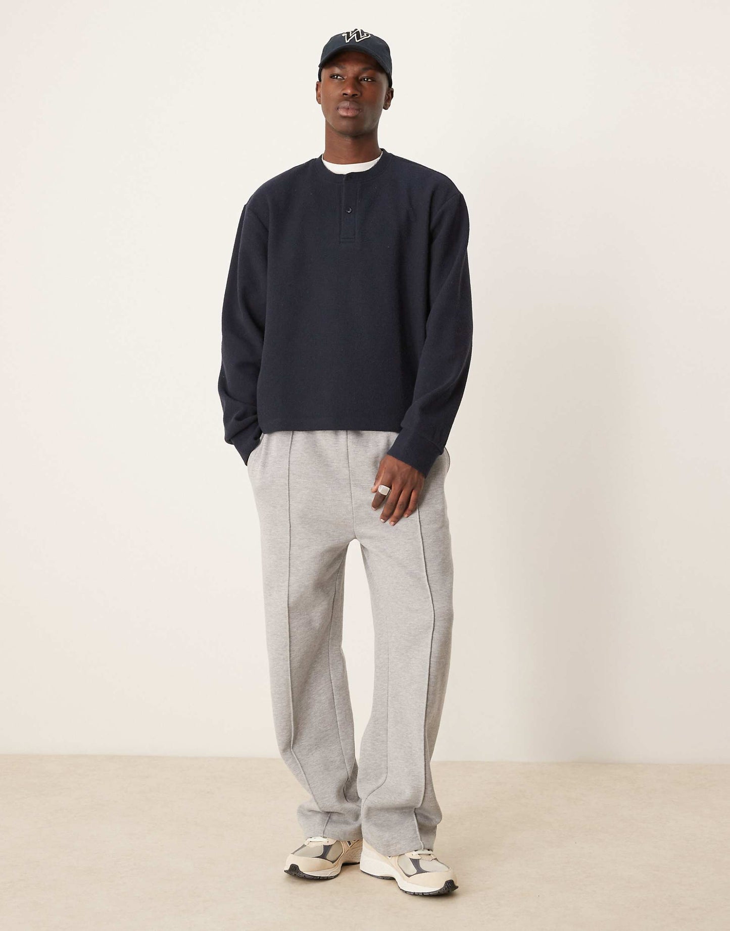 Oversized Boxy Waffle Sweatshirt With Henley Neck