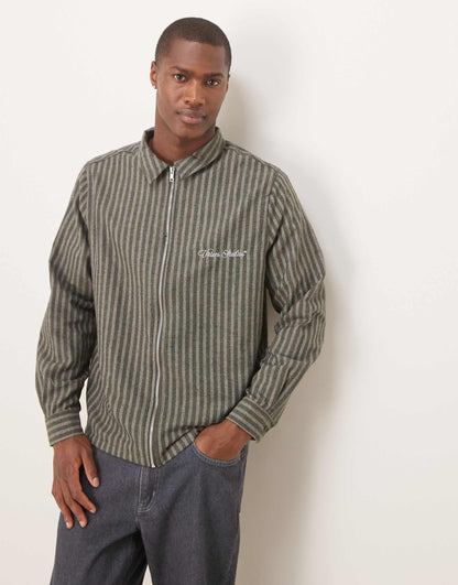 Relaxed Boxy Zip Through Shirt With Embroidery