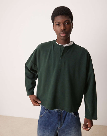 Super Oversized Cropped Heavyweight Rib Henley Jumper