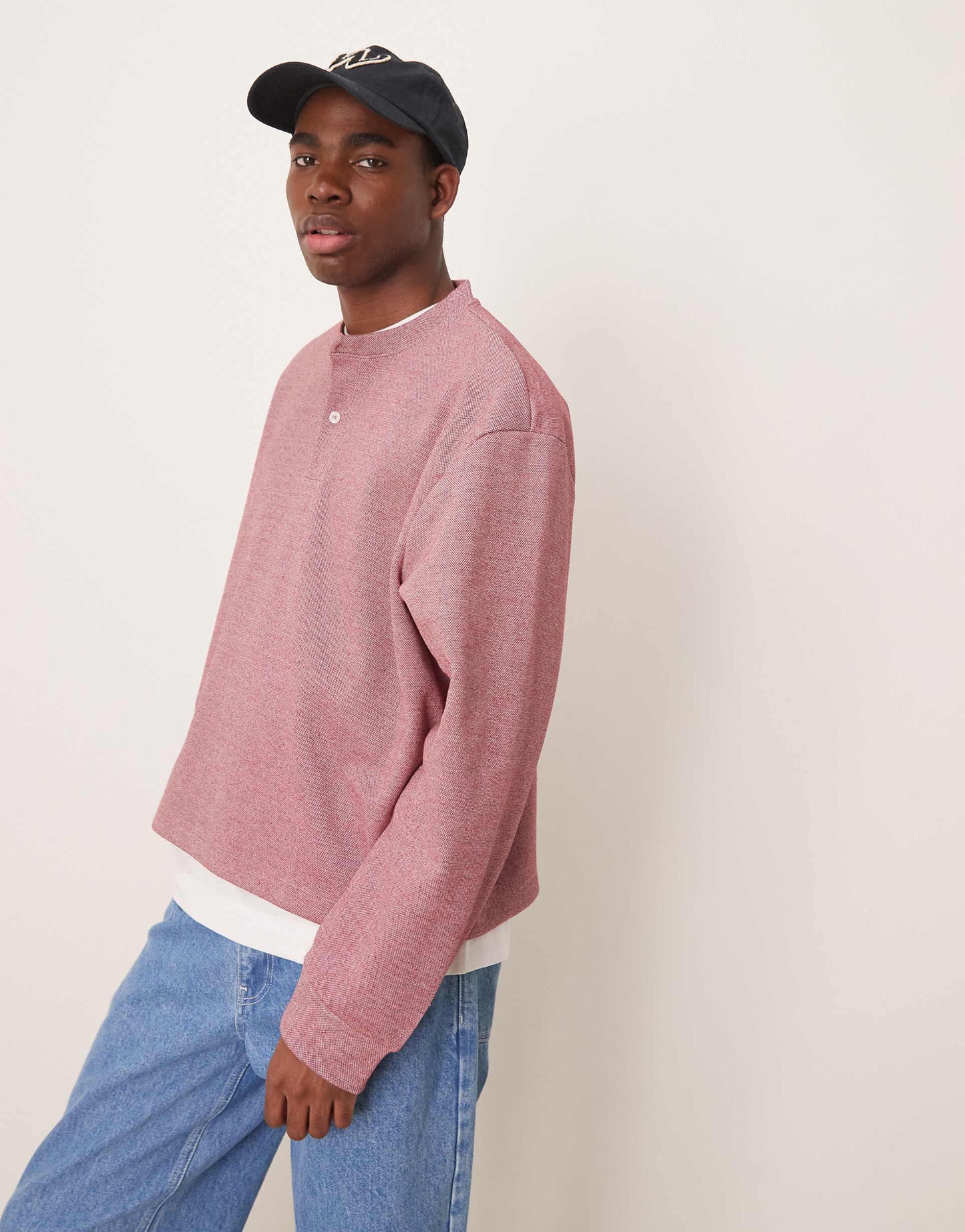 Oversized Boxy Pique Jumper With Henley Neck
