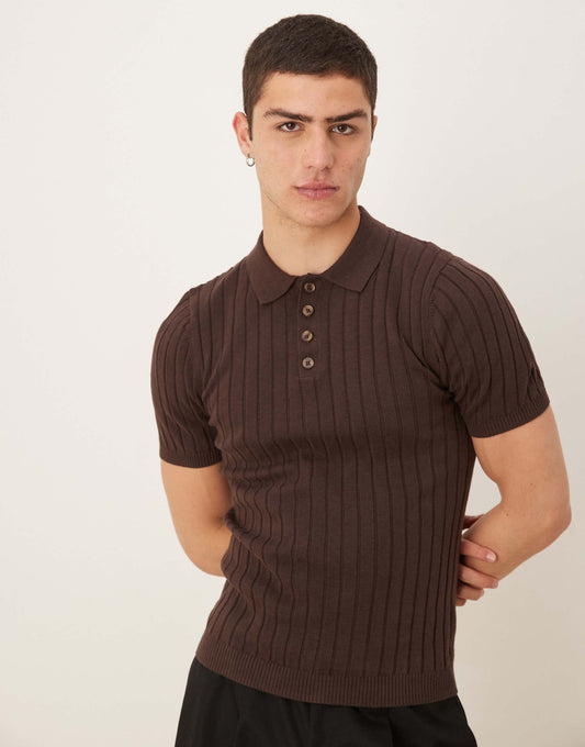 Muscle Fit Knitted Rib Polo T-Shirt