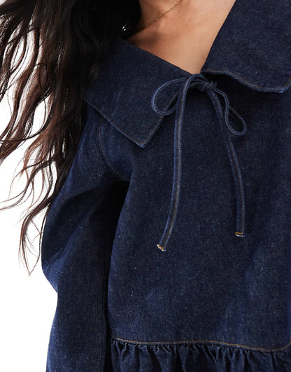 Oversized Collar Drop Waist Denim Mini Dress