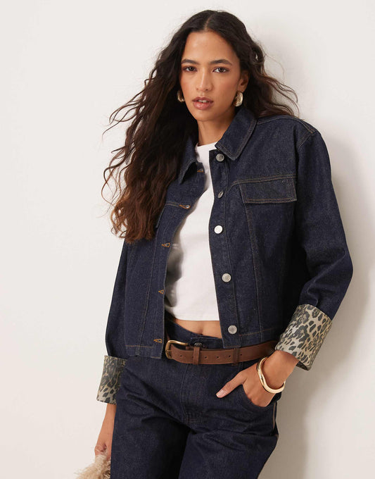 Denim Jacket With Leopard Print Turn Up Cuffs