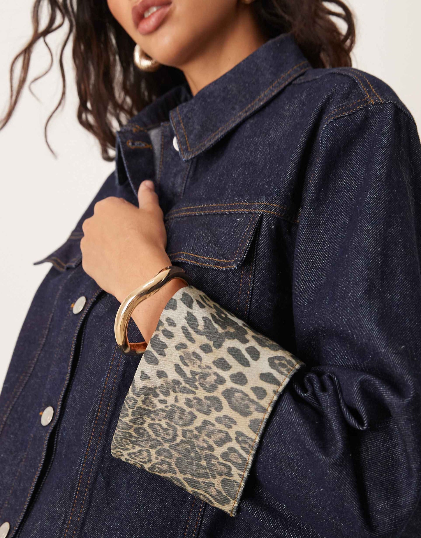 Denim Jacket With Leopard Print Turn Up Cuffs