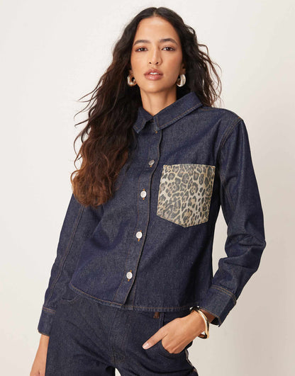 Denim Oversized Shirt With Leopard Print Pocket