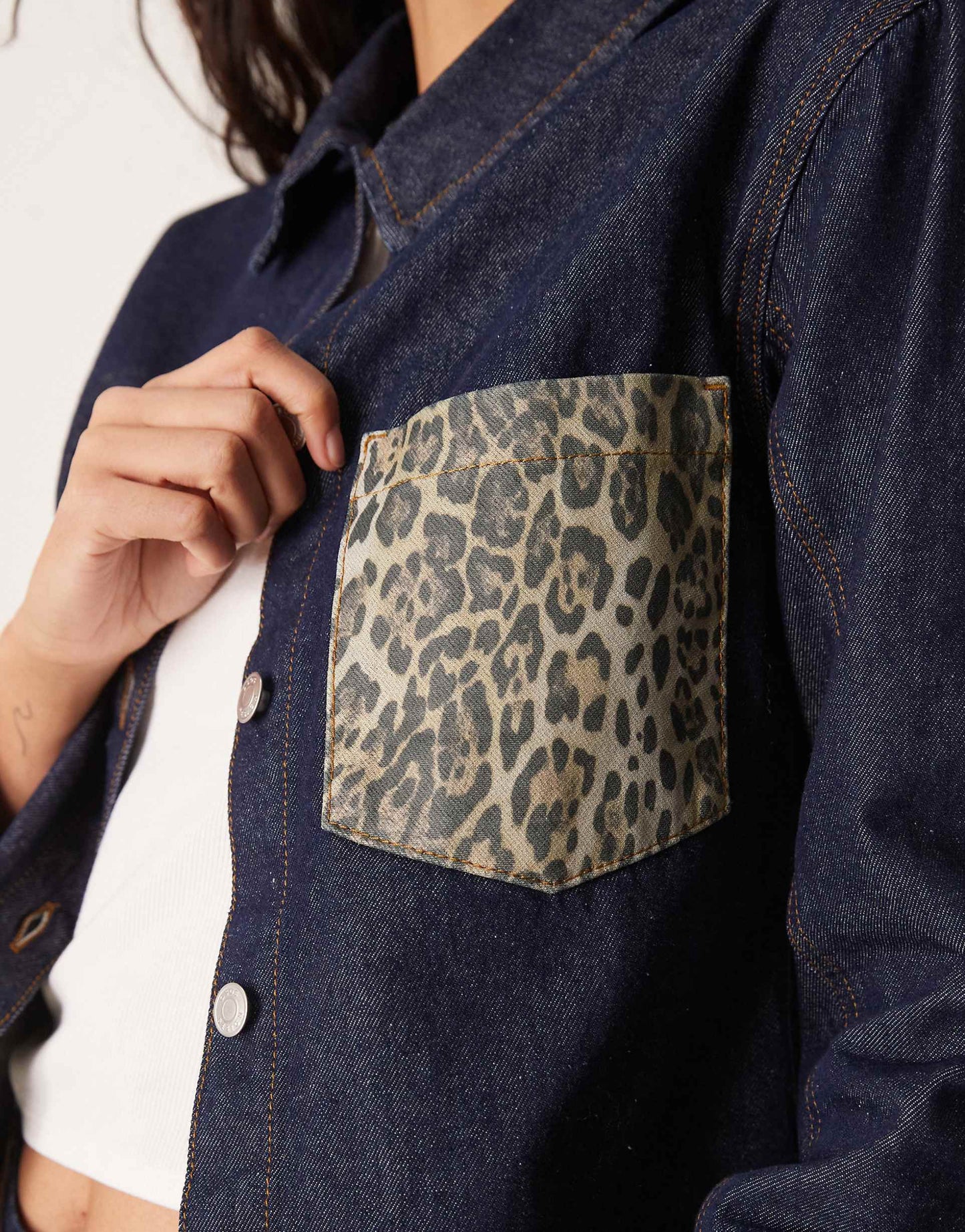 Denim Oversized Shirt With Leopard Print Pocket