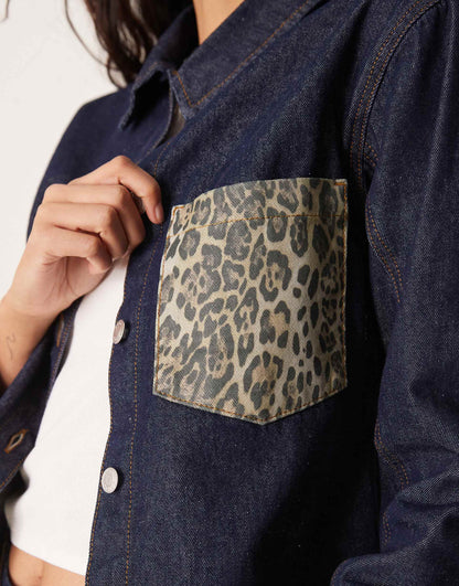 Denim Oversized Shirt With Leopard Print Pocket