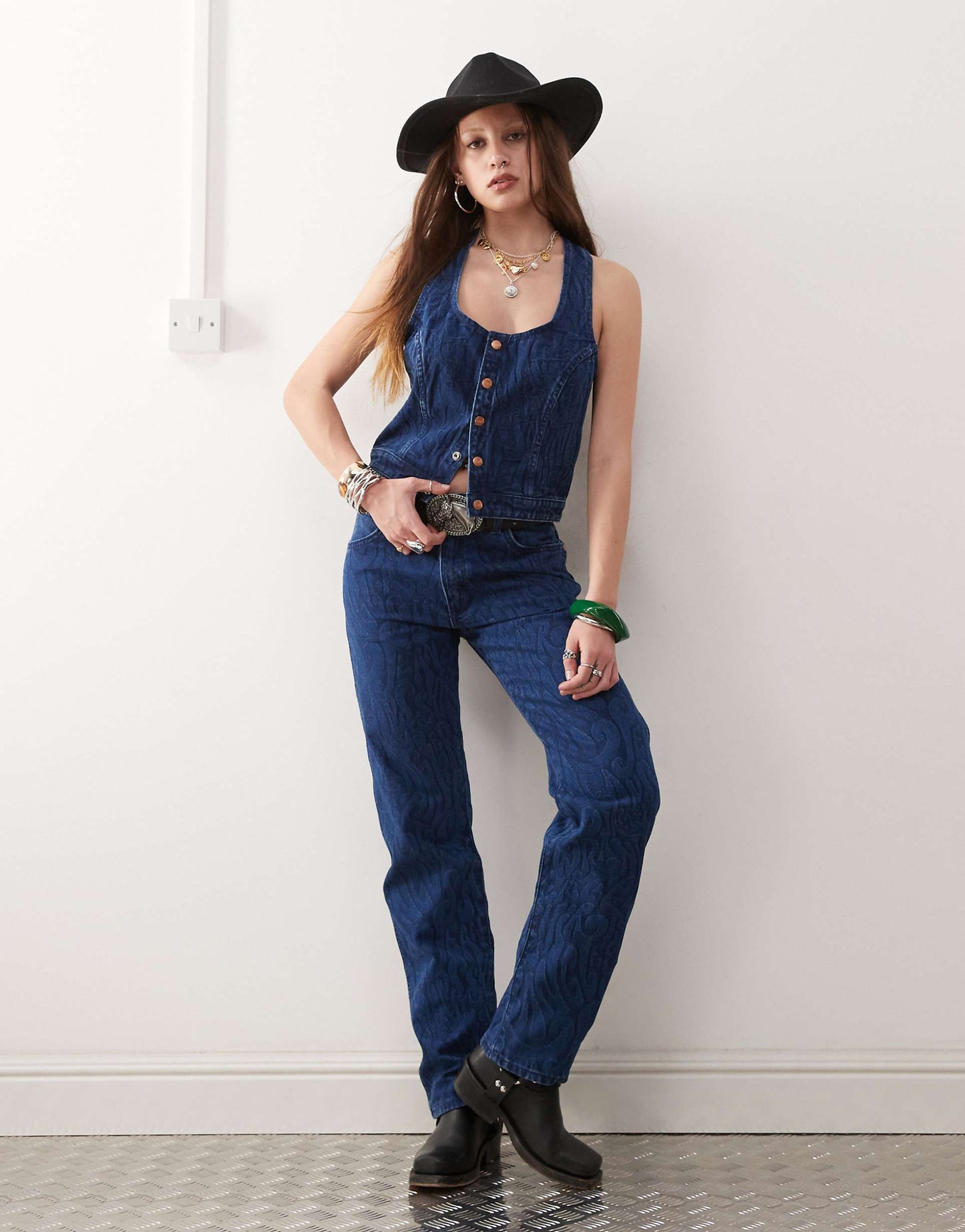 Co-Ord Button Front Denim Top With All Over Print