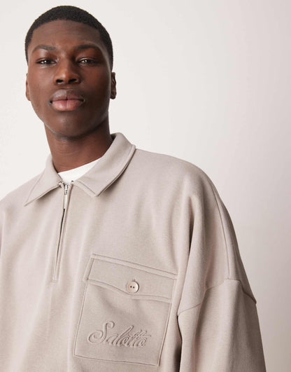 Oversized Boxy Polo Jumper With Embroidered Pocket