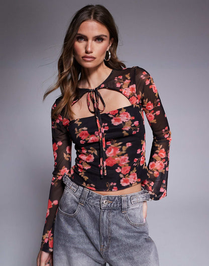 Mesh Long Sleeve Top With Tie Detail