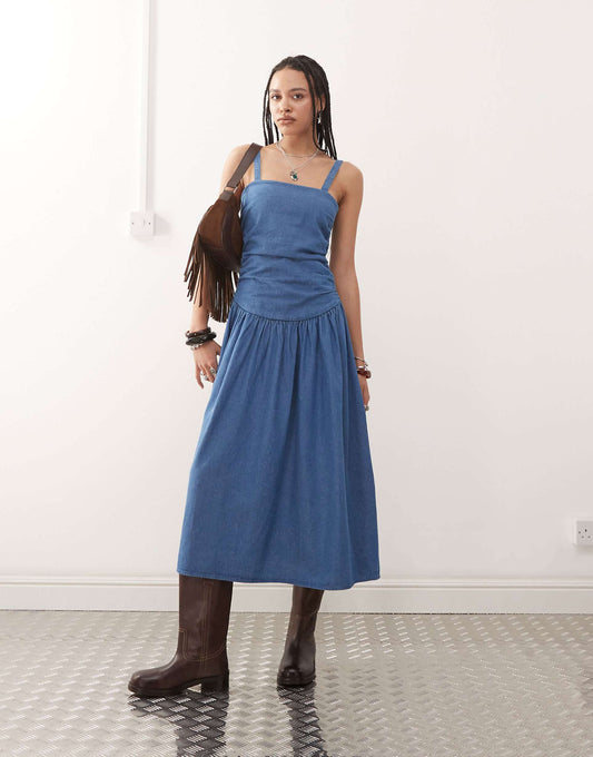 Ruched Side Denim Maxi Dress