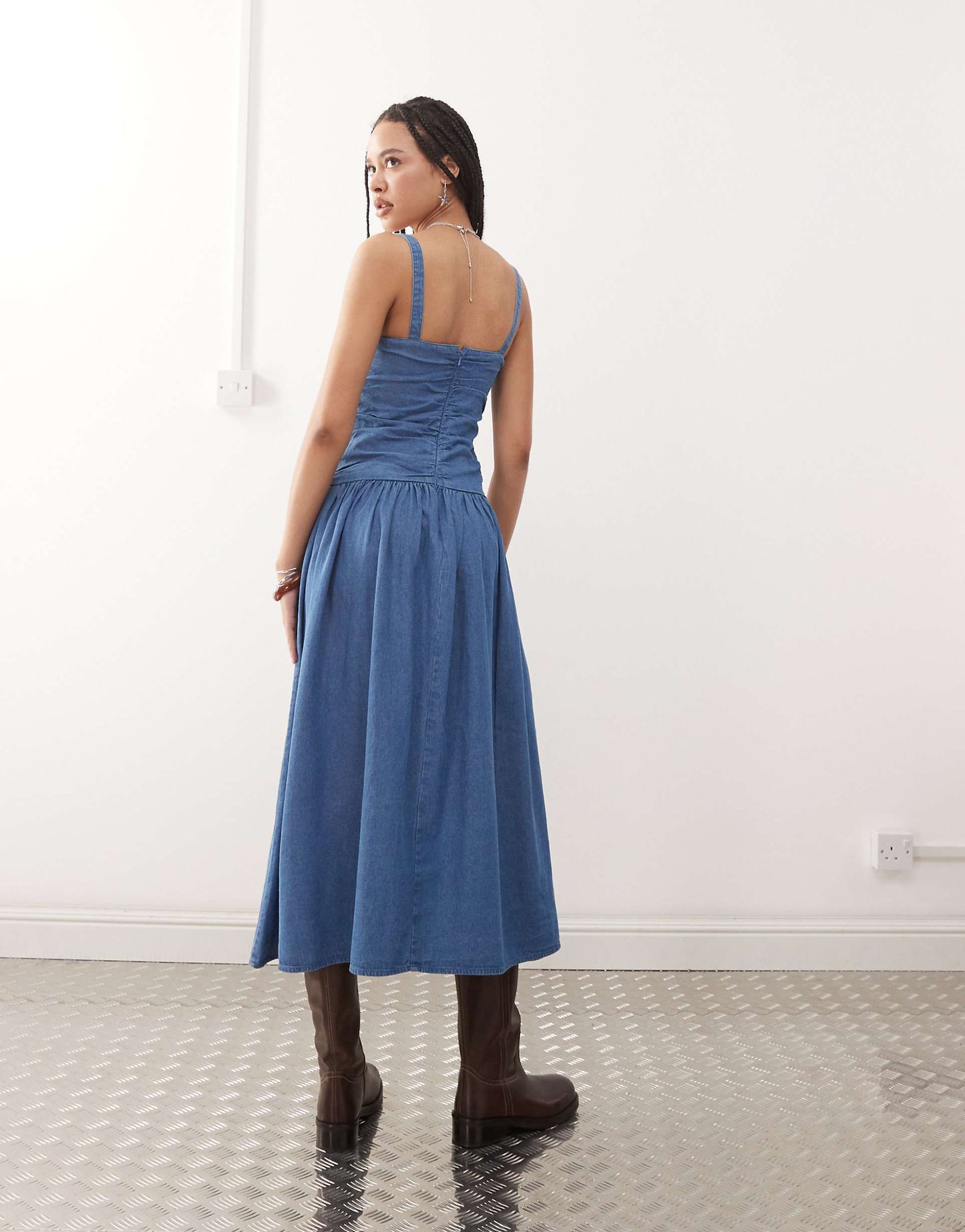 Ruched Side Denim Maxi Dress