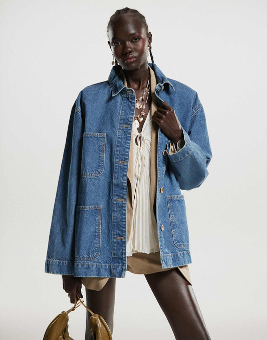 Denim Barn Jacket With Pocket Detail