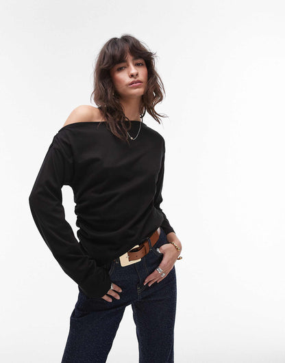 Asymmetrical Jersey Slash Neck Long Sleeve Top