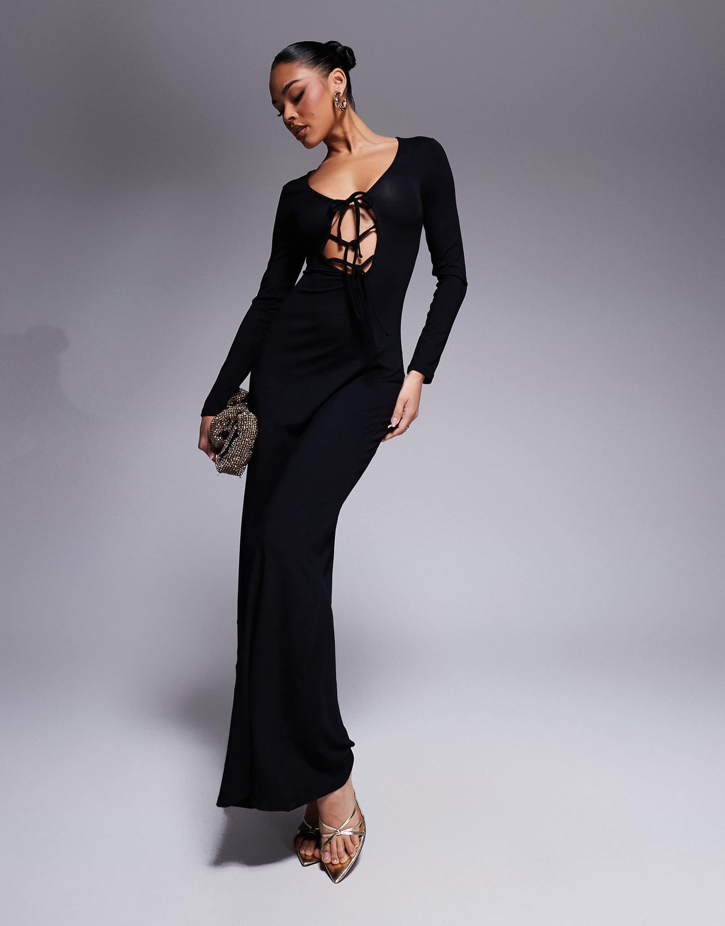 Long Sleeve Full Hem Maxi Dress With Mini Tie Details