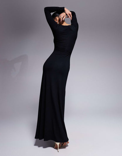 Long Sleeve Full Hem Maxi Dress With Mini Tie Details