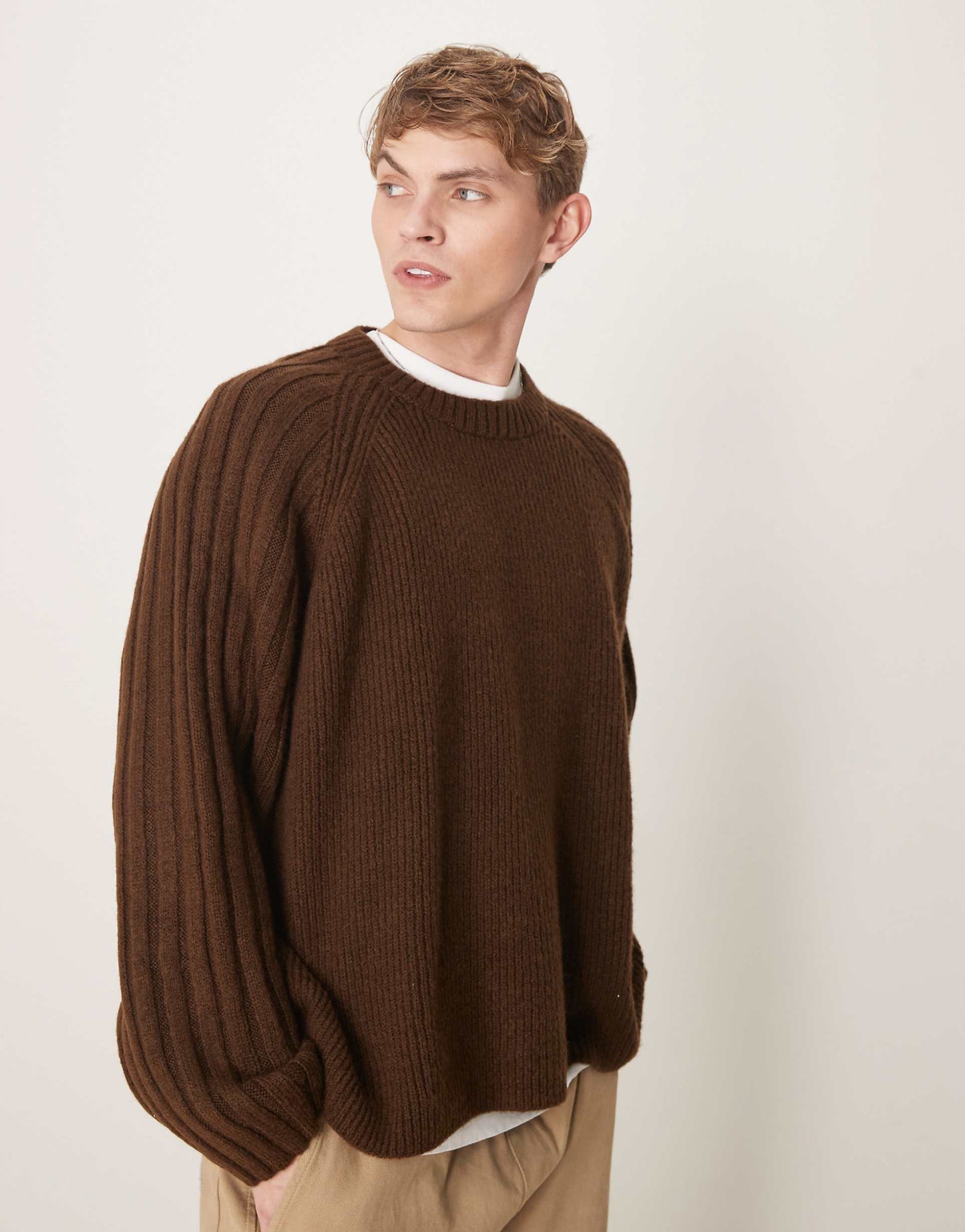 Super Oversized Boxy Fit Knitted Crew Neck Jumper With Wide Rib Sleeves