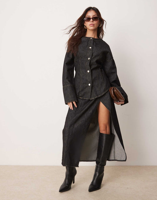 Denim Wrap Front Midi Skirt