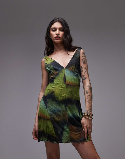 Crinkle Mesh V-Neck Flippy Mini Dress