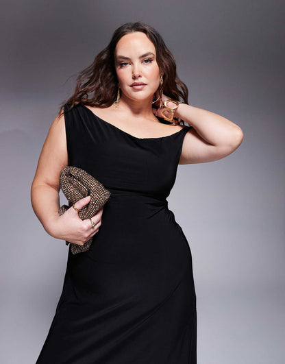 Curve Twist Shoulder With Lace Up Back Maxi Dress