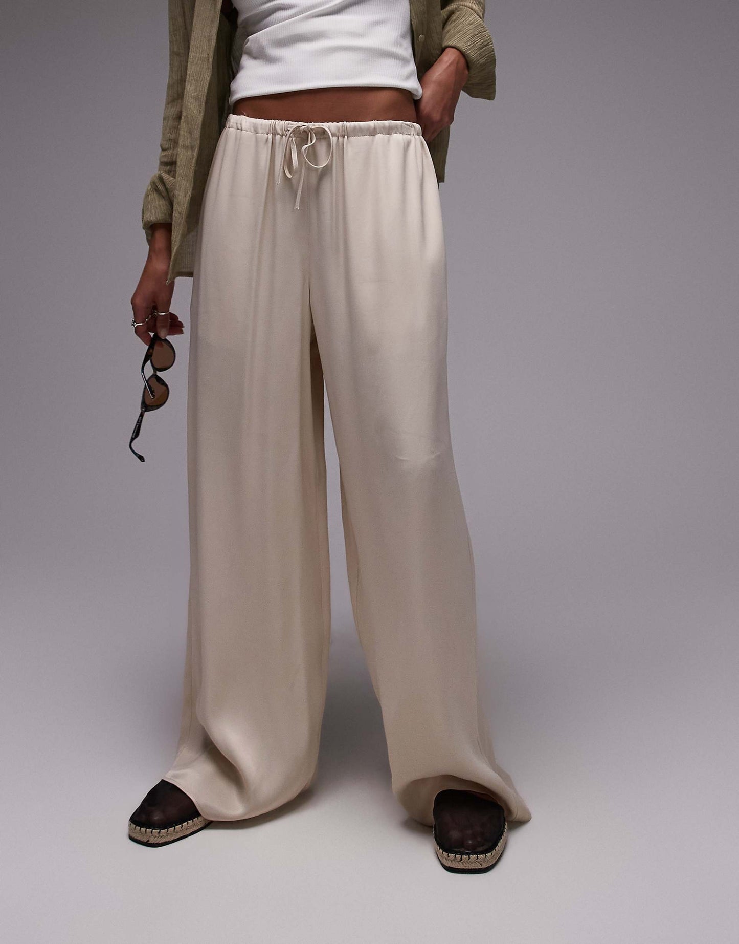 Satin Tie Waist Wide Leg Trouser