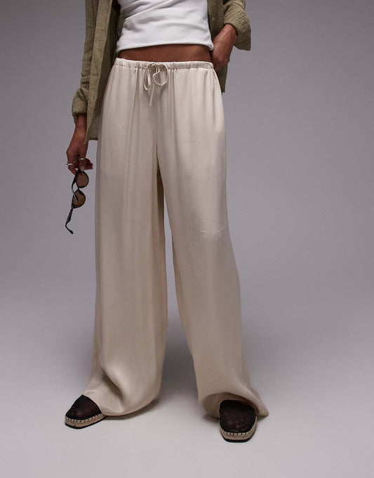 Satin Tie Waist Wide Leg Trouser