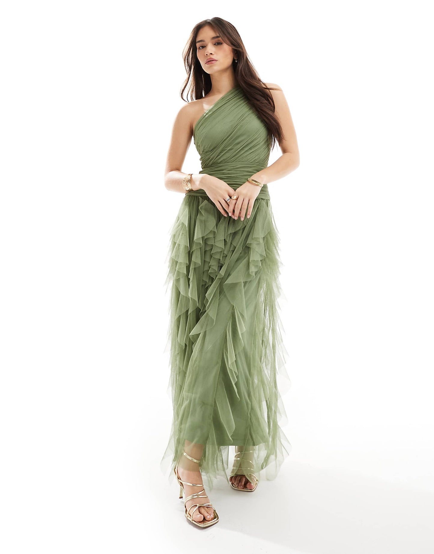 Bridesmaid One Shoulder Waterfall Ruffle Maxi Dress